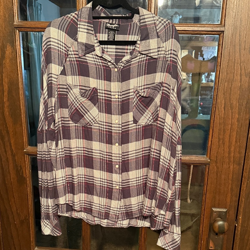 Wrangler Retro Women XL Purple Plaid Snap Front Western Shirt Metallic 112318114
